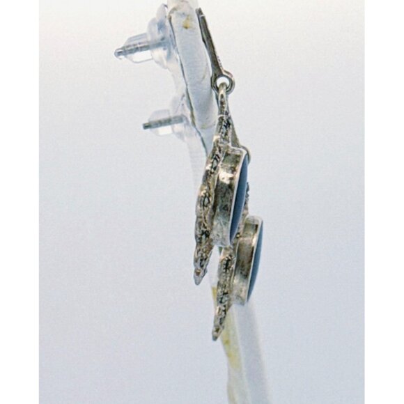 Vintage Sterling Silver 925 Marcasite Black Onyx Drop Dangle Earrings 5.2g - Picture 2 of 8